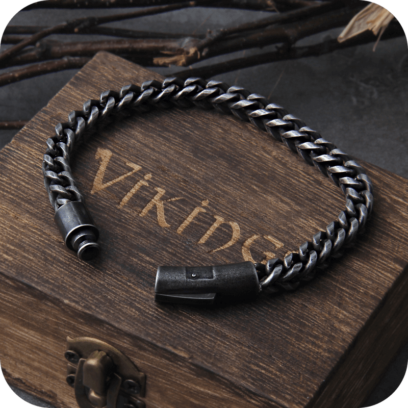 Bracelete fino entrelaçado social Black + Caixa de madeira Viking