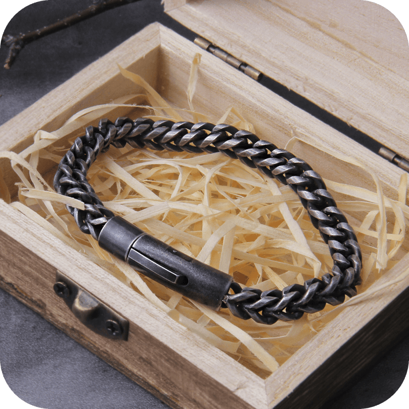Bracelete fino entrelaçado social Black + Caixa de madeira Viking